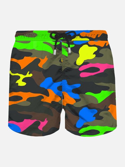 Mc2 Saint Barth Man Light Fabric Swim Shorts With Fluo Camouflage Print
