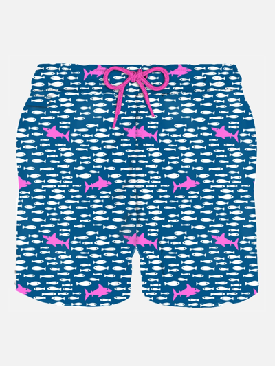 Mc2 Saint Barth Man Light Fabric Swim Shorts With Fish And Sharks Print In Blue