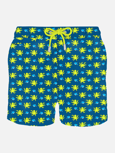 Mc2 Saint Barth Man Light Fabric Swim Shorts With Fish And Octopus Print In Blue