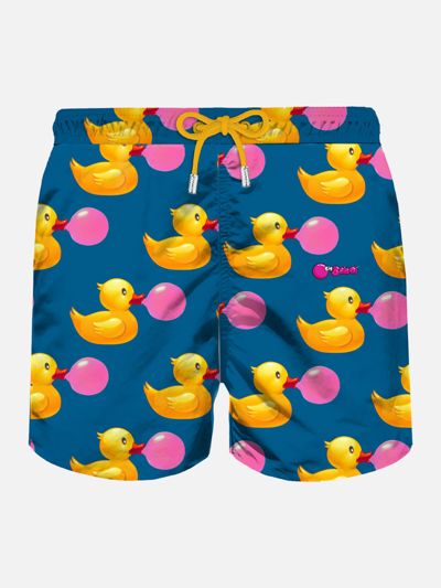 Mc2 Saint Barth Man Light Fabric Swim Shorts With Ducky And Big Babol Print Big Babol® Special Edition In Blue