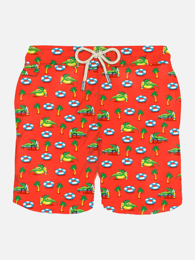 Mc2 Saint Barth Man Light Fabric Swim Shorts With Crocodile Print In Red