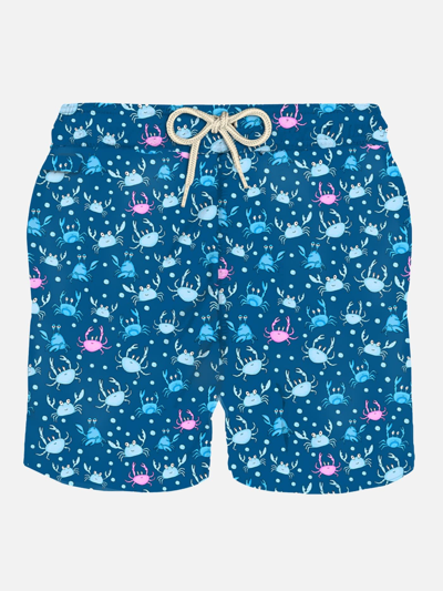 Mc2 Saint Barth Man Light Fabric Swim Shorts With Crab Print In Blue