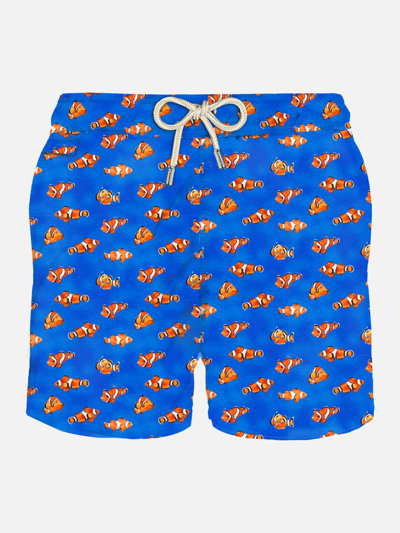 Mc2 Saint Barth Man Light Fabric Swim Shorts With Clownfish Print In Sky