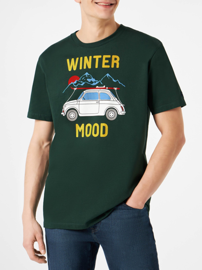 Mc2 Saint Barth Man Forest Green T-shirt With Car Print Fiat 500 Special Edition