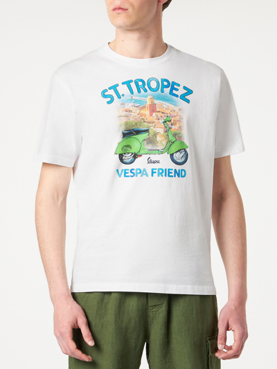 Mc2 Saint Barth Man Cotton T-shirt With St. Tropez Vespa Print Vespa® Special Edition In White