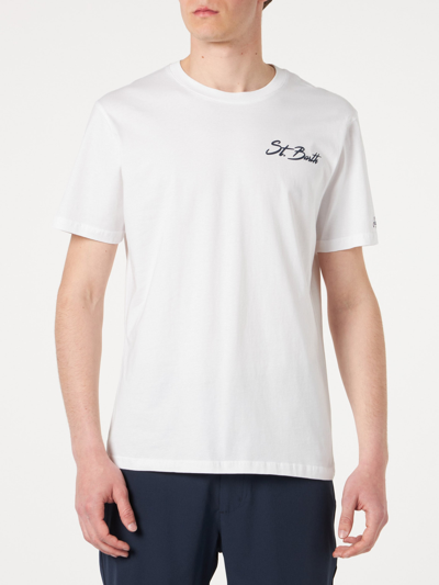 Mc2 Saint Barth Man Cotton T-shirt With St. Barth Surf Print In White