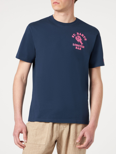 Mc2 Saint Barth Man Cotton T-shirt With St. Barth Lobster Bar Print In Blue