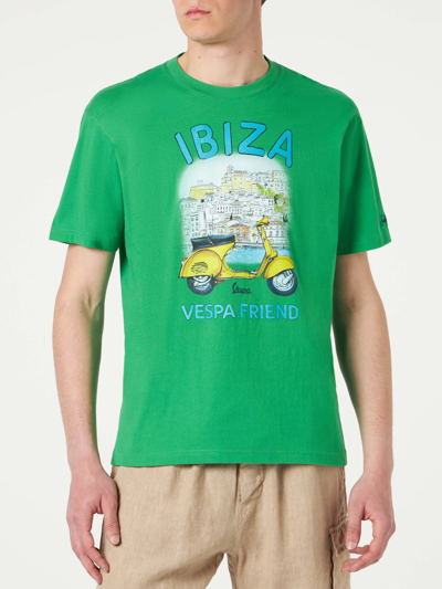 Mc2 Saint Barth Man Cotton T-shirt With Ibiza Vespa Print Vespa® Special Edition In Green
