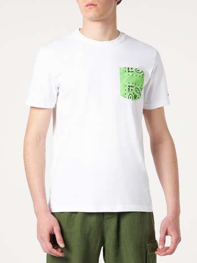 Mc2 Saint Barth Man Cotton T-shirt With Green Bandanna Pocket In White