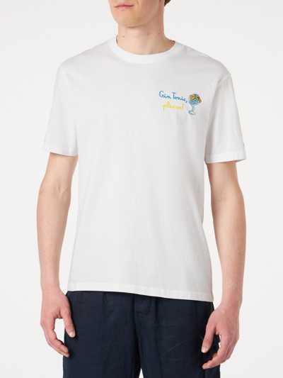 Mc2 Saint Barth Man Cotton T-shirt With Gin Tonic Embroidery In White