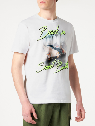 Mc2 Saint Barth Man Cotton T-shirt With Back In St. Barth Print In White