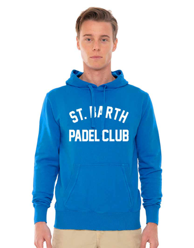 Mc2 Saint Barth Man Cotton Hooded Sweatshirt With St. Barth Padel Club Print In Blue