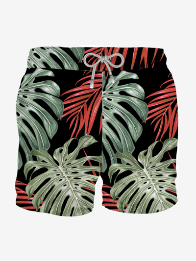Mc2 Saint Barth Man Classic Swim Shorts With Tropical Print In Black