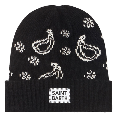 Mc2 Saint Barth Man Beanie With Bandanna Print In Black