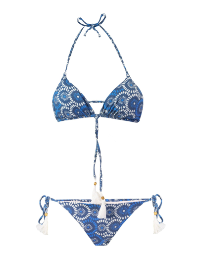 Mc2 Saint Barth Flower Denim Print Triangle Bikini In Blue