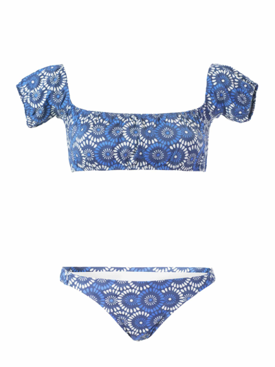 Mc2 Saint Barth Floral Denim Bandeau Bikini In Blue
