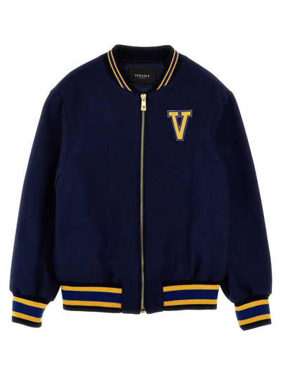 Versace Kids' Logo Embroidery Bomber Jacket In Navy