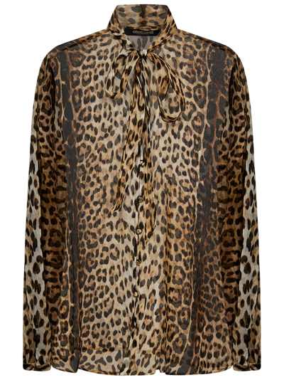 Roberto Cavalli Leopard Print Silk Shirt With Lavalliere Collar In Brown