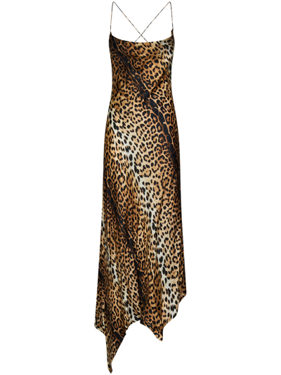 Roberto Cavalli Jaguar Print Silk Twill Long Cami Dress In Brown