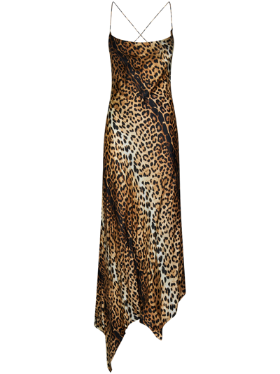 Roberto Cavalli Jaguar Print Silk Twill Long Cami Dress In Beige