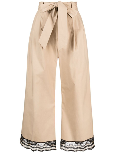 Twinset Lace-trim Wide-leg Trousers In Beige E Nero