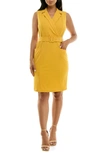 Nina Leonard Belted Collared Sheath Dress In Mustard