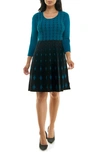 Nina Leonard Two-tone Fit & Flare Sweater Dress In Teal/ Black