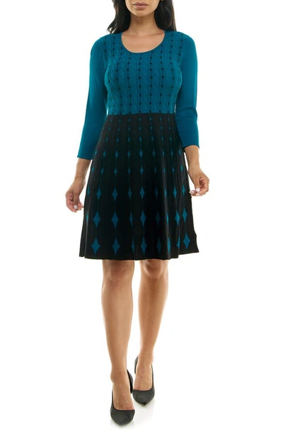 Nina Leonard Two-tone Fit & Flare Sweater Dress In Teal/ Black