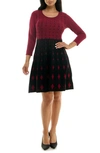 Nina Leonard Two-tone Fit & Flare Sweater Dress In Crimson/ Black