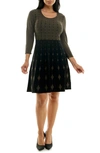Nina Leonard Two-tone Fit & Flare Sweater Dress In Olive/ Black