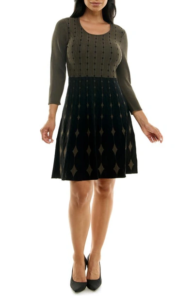 Nina Leonard Two-tone Fit & Flare Sweater Dress In Olive/ Black