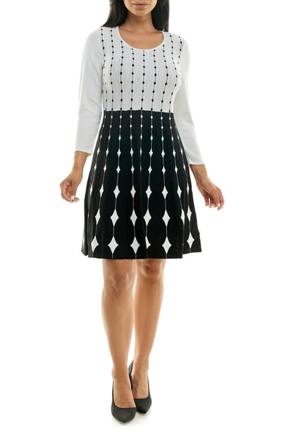 Nina Leonard Two-tone Fit & Flare Sweater Dress In Ivory/ Black