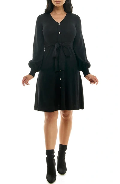 Nina Leonard Waist Tie Ribbed Long Sleeve Sweater Dress In Black