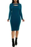 Nina Leonard Ribbed Cutout Long Sleeve Sweater Dress In Teal