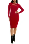 Nina Leonard Ribbed Cutout Long Sleeve Sweater Dress In Red