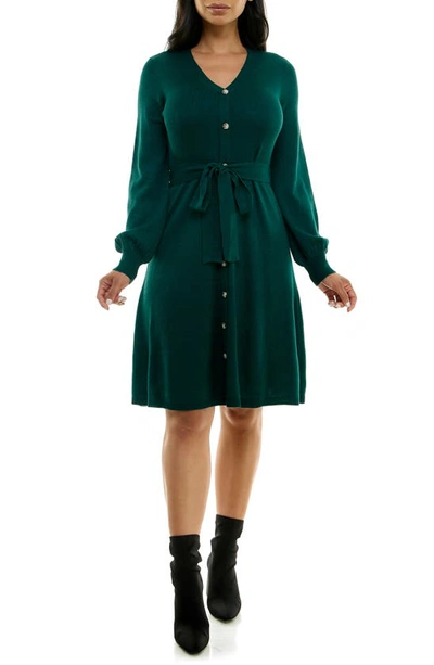 Nina Leonard Waist Tie Ribbed Long Sleeve Sweater Dress In Emerald