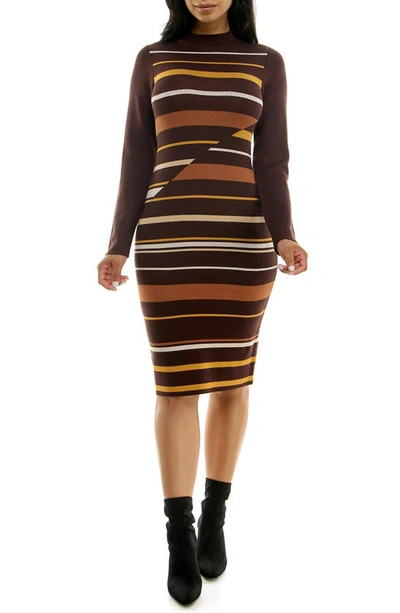 Nina Leonard Ribbed Long Sleeve Sweater Dress In Chocolate Multi