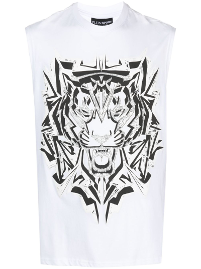 Plein Sport Thunder Tiger Cotton Tank Top In White