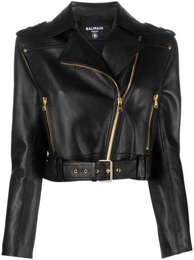 Balmain Cropped Leather Biker Jacket In Black