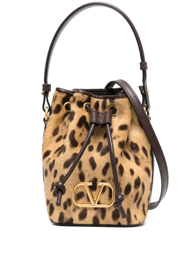 Valentino Garavani Mini Vlogo Leopard Calf Hair Bucket Bag In Brown
