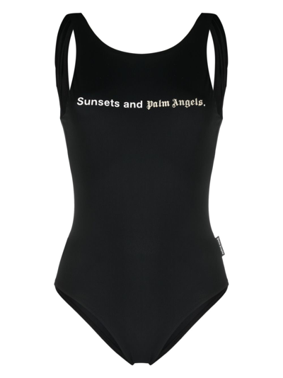 Palm Angels Slogan-print Low-back Swimsuit In Schwarz
