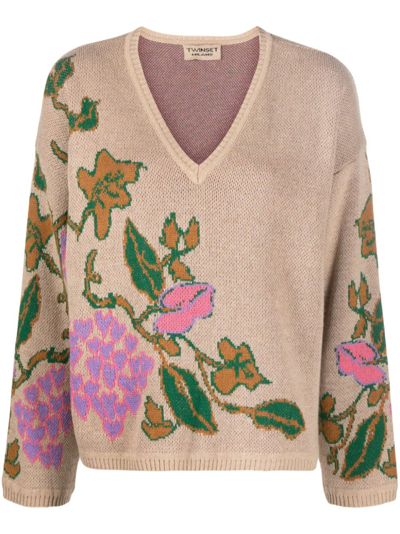 Twinset Floral Intarsia-knit Jumper In Nude