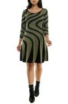 Nina Leonard Jacquard Long Sleeve Sweater Dress In Light Olive/ Black