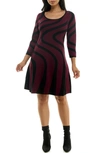 Nina Leonard Jacquard Long Sleeve Sweater Dress In Deep Wine/ Black