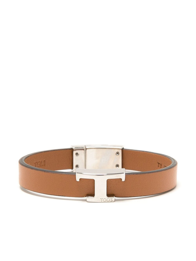 Tod's Logo-plaque Leather Bracelet In Brown