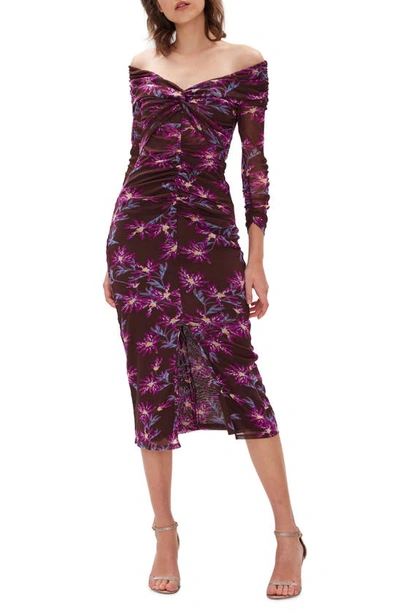 Diane Von Furstenberg Floral Off The Shoulder Long Sleeve Mesh Dress In Paris Floral Med Red Purple