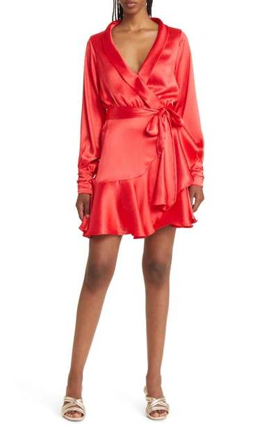 Btfl-life Galiena Long Sleeve Satin Wrap Dress In Fiery Red