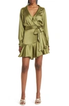 Btfl-life Galiena Long Sleeve Satin Wrap Dress In Olive
