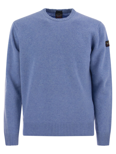 Paul&amp;shark Wool Crew Neck With Arm Patch In Light Blue