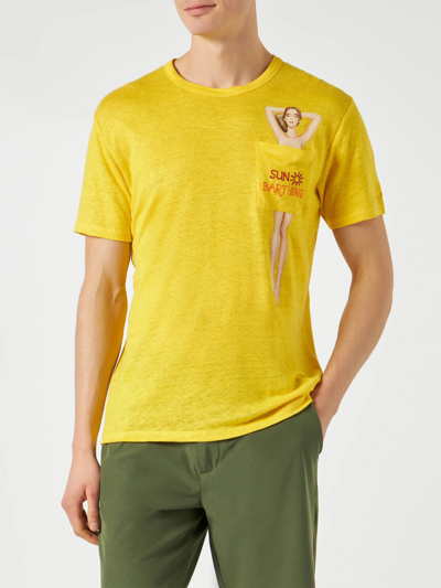 Mc2 Saint Barth Yellow Linen Man T-shirt With Printed Pocket